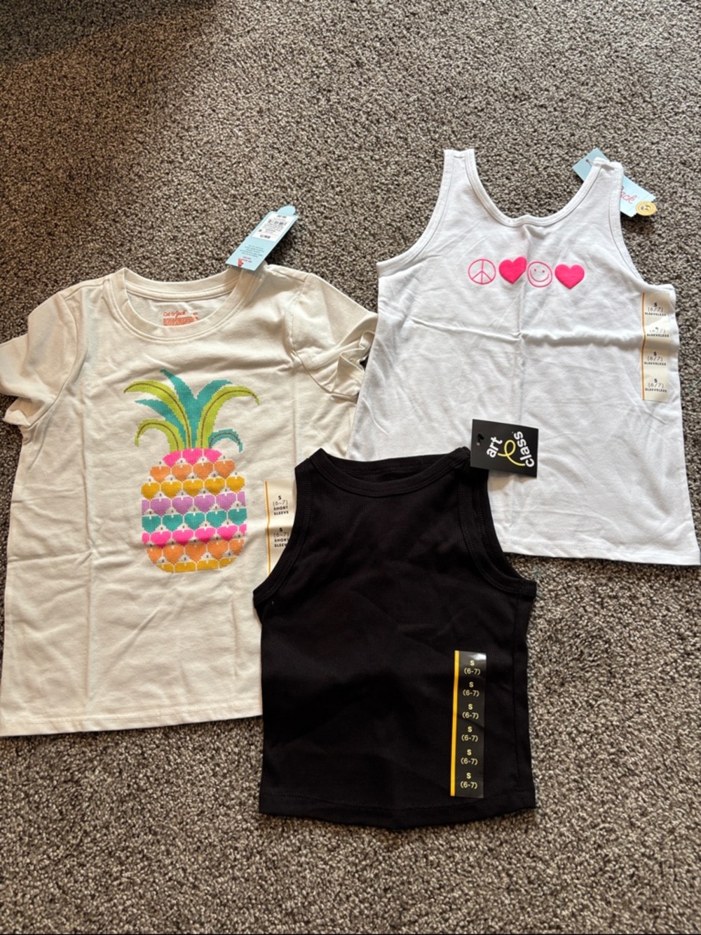 NEW Girls Pineapple Graphic Tee, White Tank & Black Ribbed Tank Top - 3-Pack